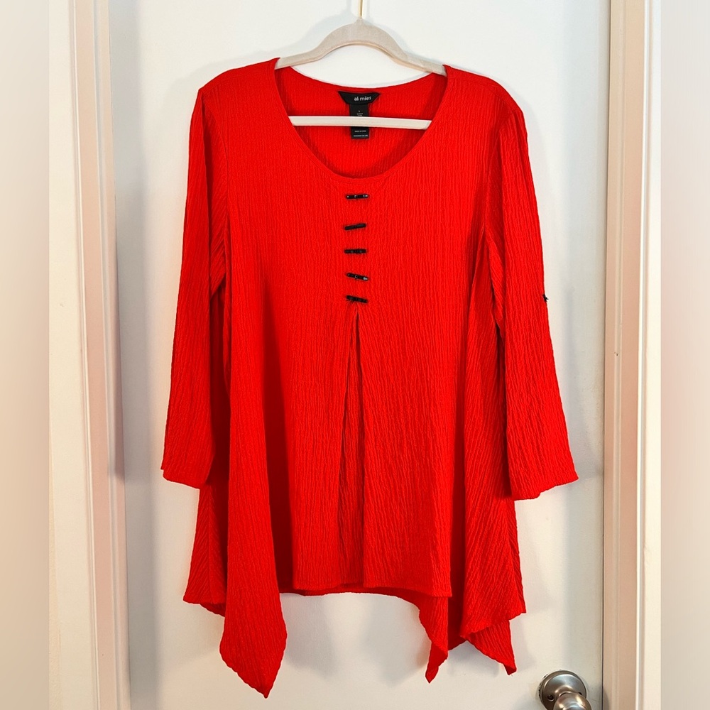 ALI MILES Red Asymmetrical Blouse with Roll Up Sleeve Option, Size L